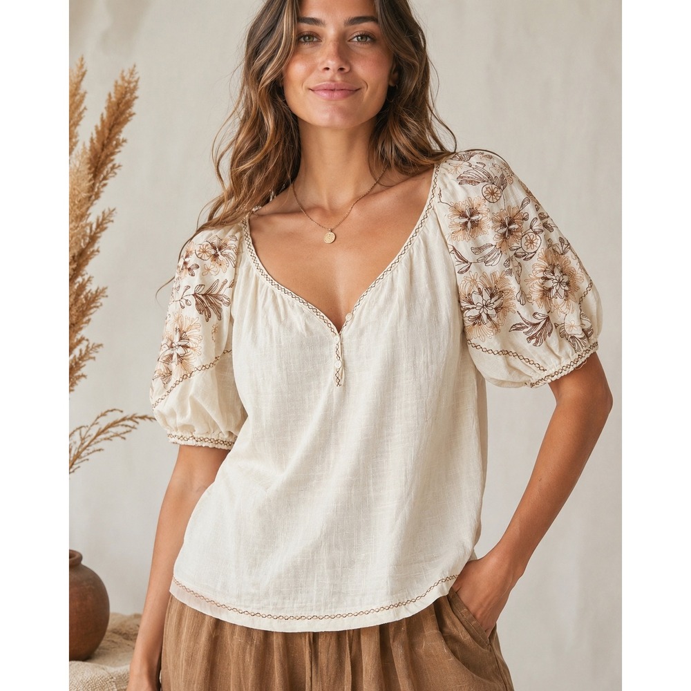 Max Studio London Embroidered Puff Sleeve Peasant Blouse Ivory L Ren Fair Boho